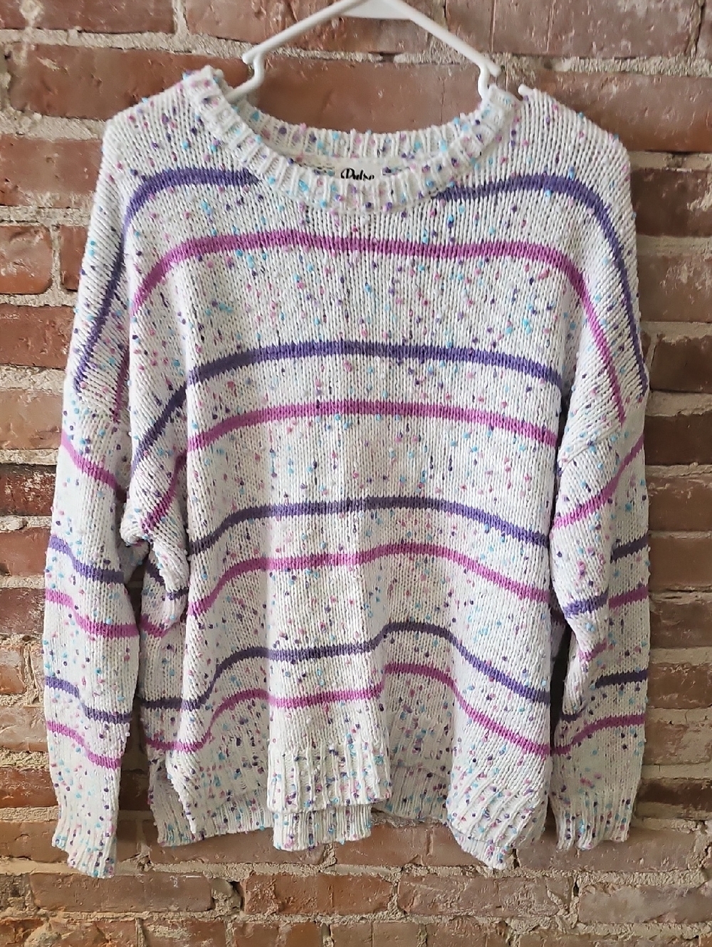 Pulse Multicolor Speckled White Crewneck Sweater with Purple-Pink Stripes
